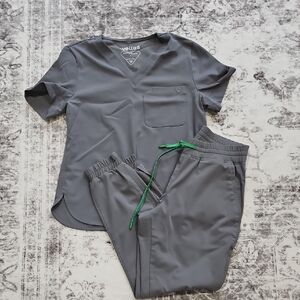 Gray Scrub Set with Green Drawstring